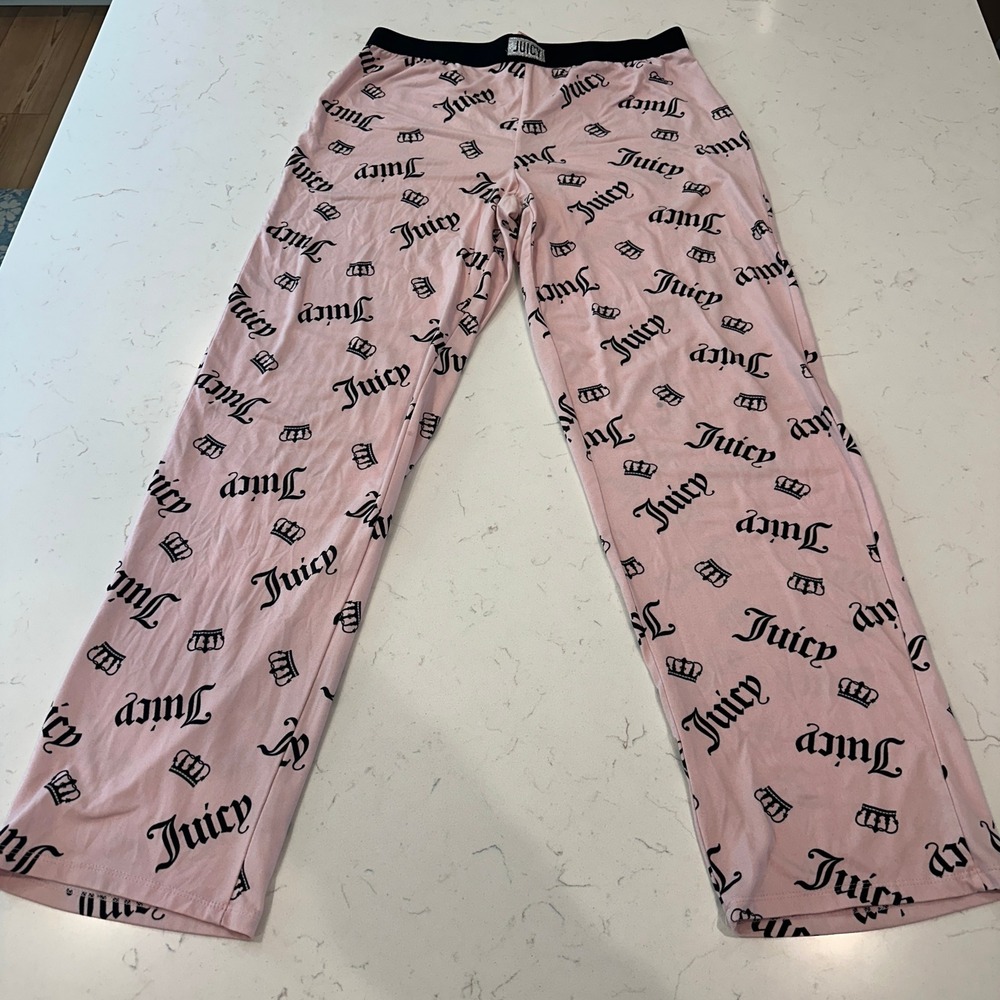 Juicy Couture Pink Logo Crown Print Wide Leg Pajama Pants Y2K Sleepwear Medium